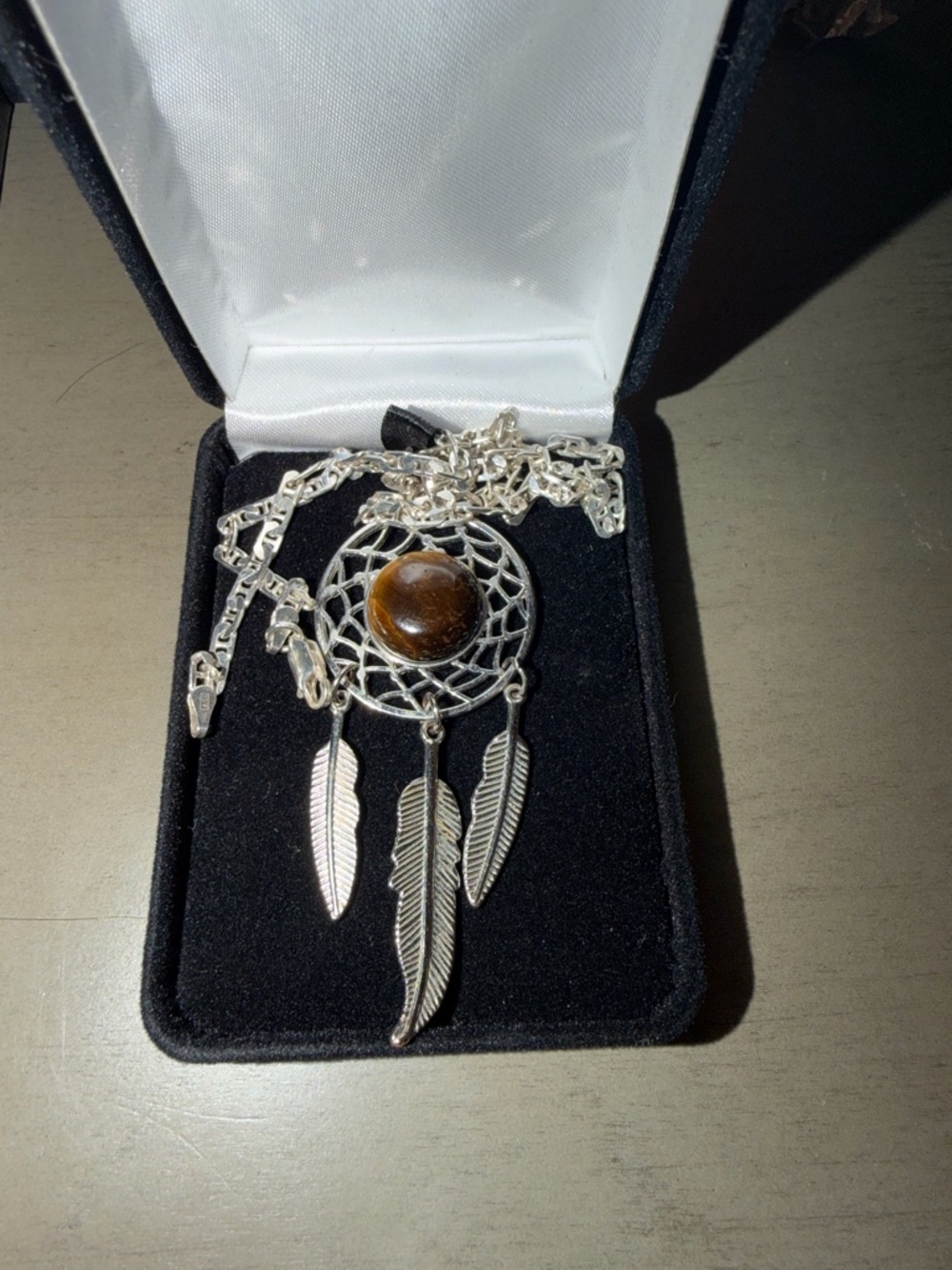 Silver Dreamcatcher Necklace with Brown Stone Accent